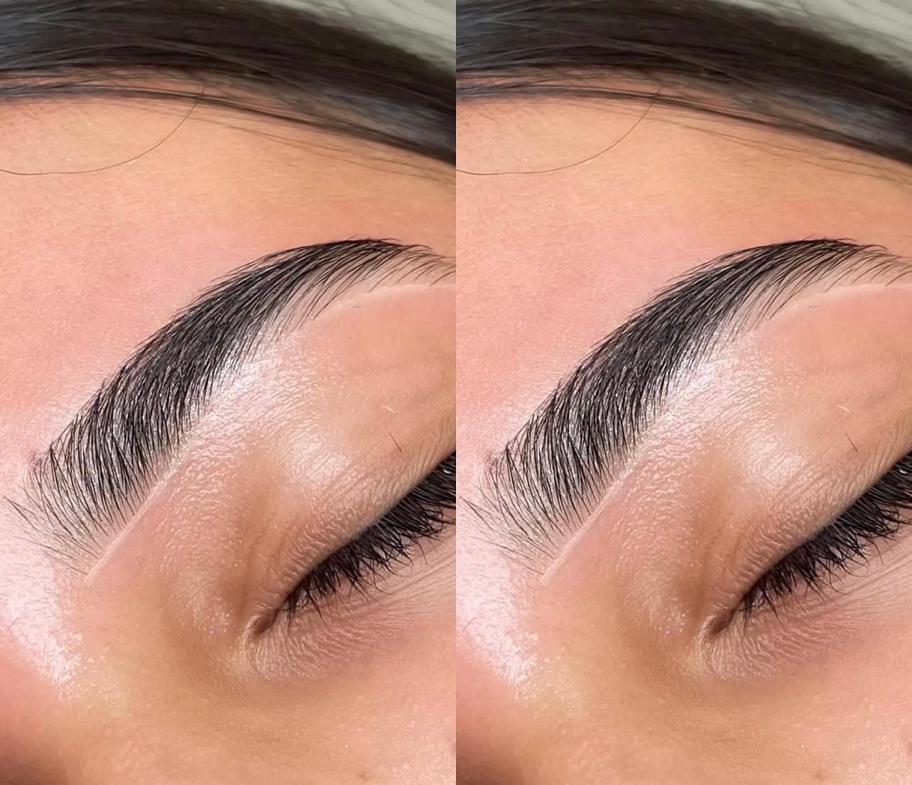 Side-by-side close-ups of precisely shaped brows by Trey