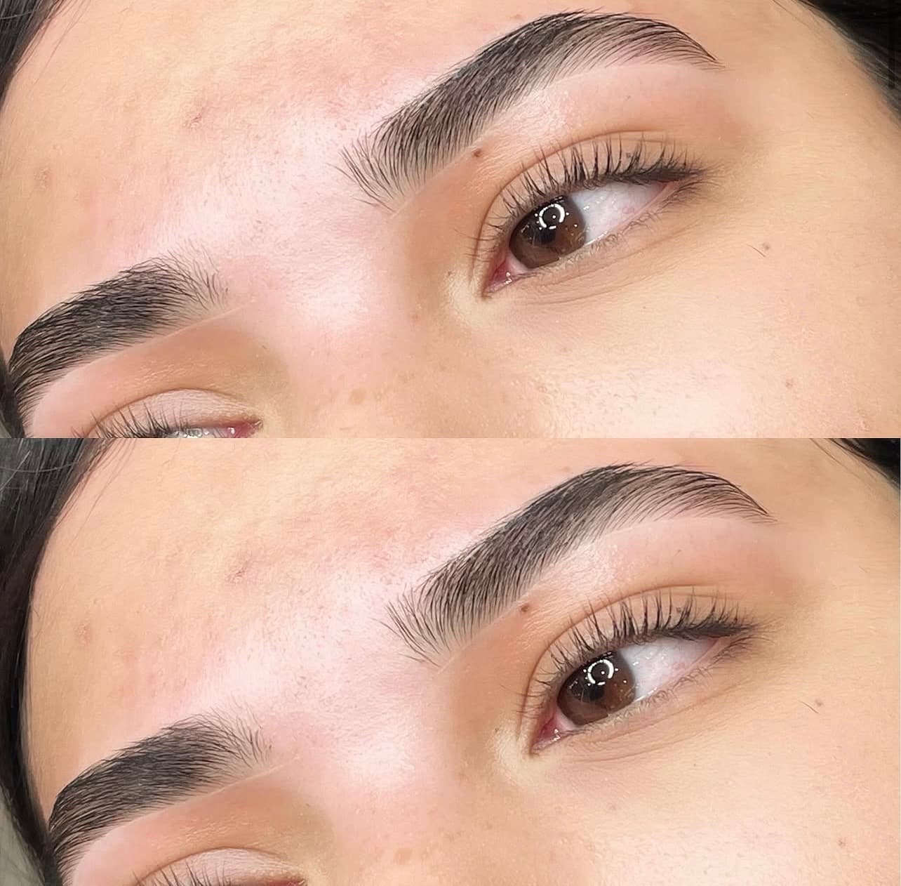 Two close-up views of a client’s brushed and shaped brows