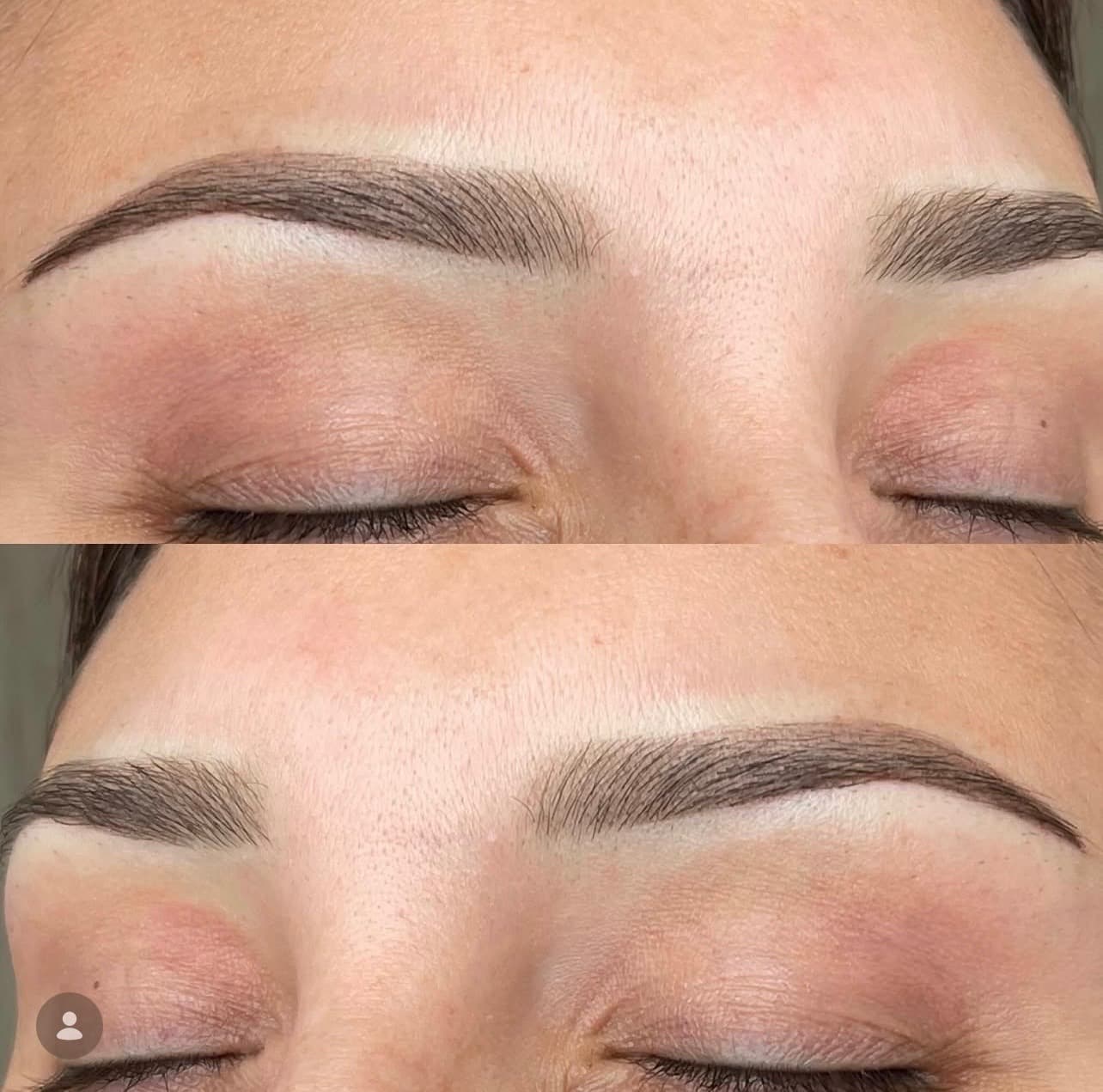 Two close-up views of a client’s precisely defined brow arches